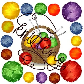 Basket with multi-colored tangles and an inscription Knitting in a Square Fra Stock Illustration