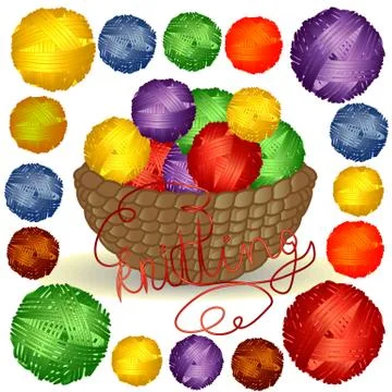 Basket with multi-colored tangles and an inscription Knitting in a Square Fra Stock Illustration