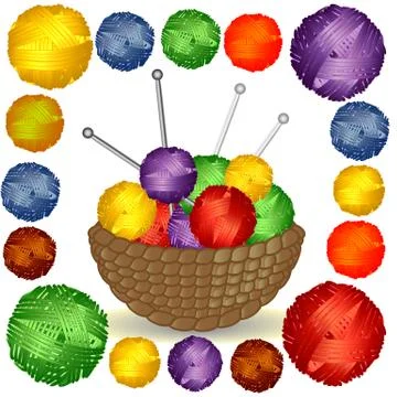 Basket with multi-colored tangles in a square Frame of multi-colored balls of Illustrazione stock