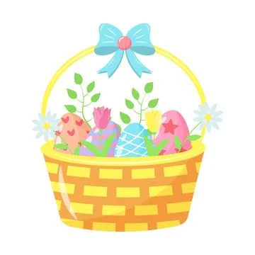 Basket with painted Easter eggs, tulips, chamomiles and twigs. Beautiful bow  스톡 일러스트