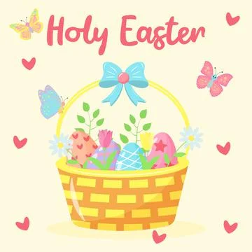 Basket with painted Easter eggs, tulips, chamomiles and twigs. Cartoon butter 스톡 일러스트