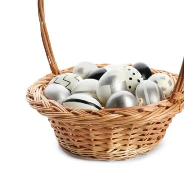 Basket with painted Easter eggs on white background, space for text 스톡 사진