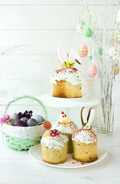 Basket with painted eggs. Easter tree with eggs. Traditional Christian Easter Stock Photos