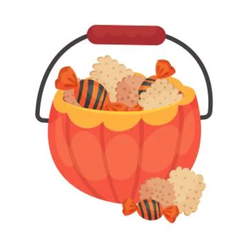 Basket of pumpkins with sweets and a handle for Halloween. Illustration