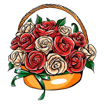 Basket with roses isolated on white. Vector illustration. Stock Illustration