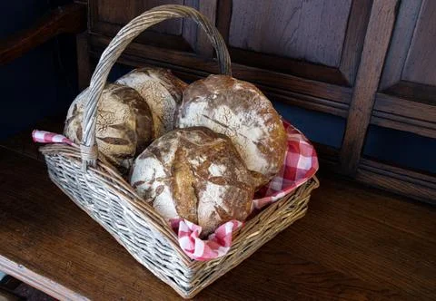 Basket  of  sour dough  bread Stock Photos