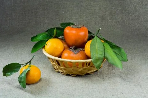 Basket with tangerines and persimmons Stock Photos