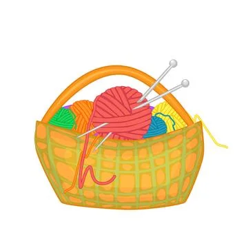 Basket with threads and knitting needles isolated on white background. Stock Illustration