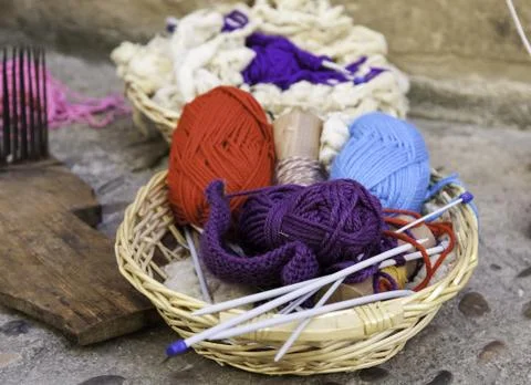 Basket with threads and sewing wool, haberdashery and sewing Stock Photos
