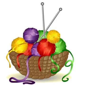 Basket from the vine without a handle full of coils of multicolored yarn, thr Stock Illustration