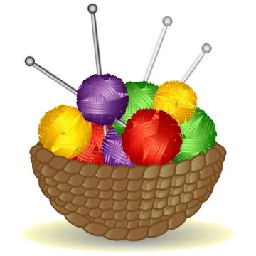 Basket from the vine without a handle full of coils of multicolored yarn, thr Stock Illustration