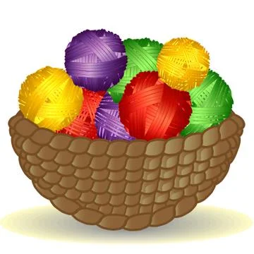 Basket from the vine without a handle full of coils of multicolored yarn, thr Illustrazione stock