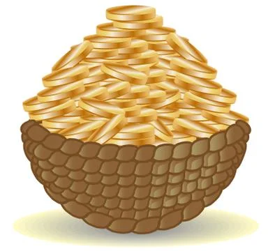 Basket of vines without a handle full of gold coins, riches, treasure, fortun イラスト素材