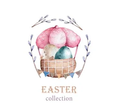 Basket vintage Easter eggs Cute hand drawn watercolor illustration for greeti Stock Illustration