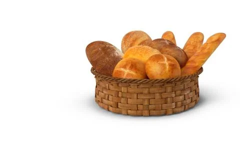 A basket of white bread and rolls. 3D rendering. Stock Illustration