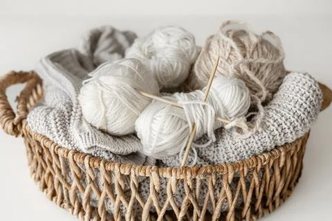 Basket with yarn close-up, threads for knitting. Stock Photos