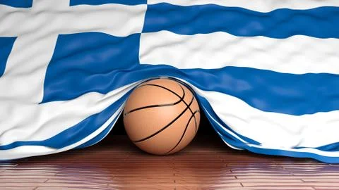 Basketball ball with flag of Greece on parquet floor Stock Illustration
