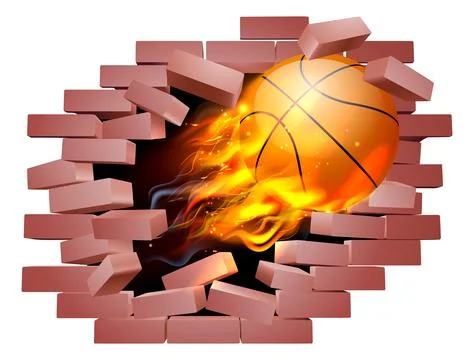 Basketball Ball Flame Fire Breaking Brick Wall Stock Illustration