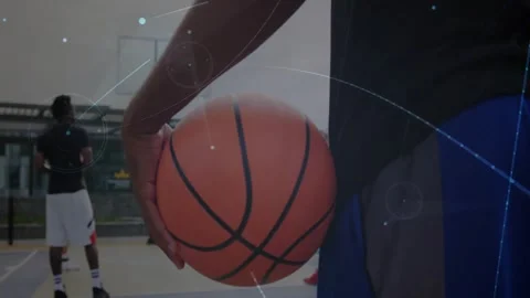 Basketball being visualized as 3D render on outdoor court, with light blue arcs Stock Footage 329920744