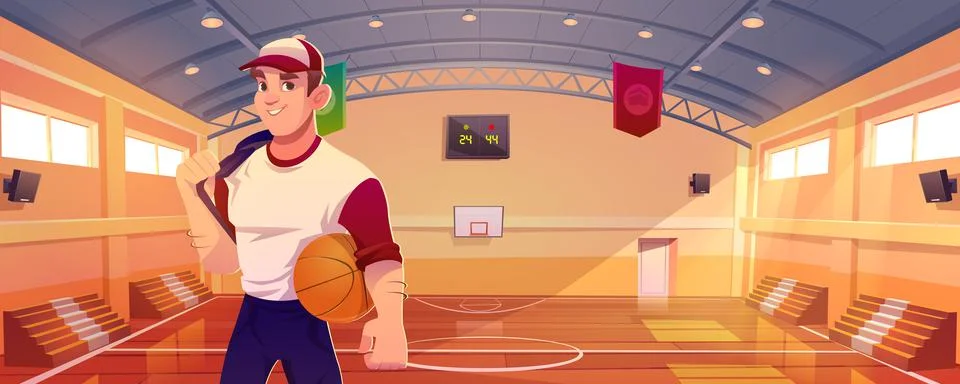 Basketball court with player, tribune and basket Stock Illustration