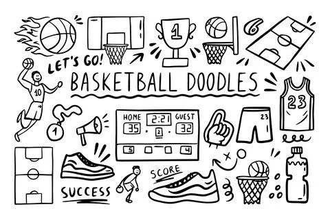 Basketball doodle elements set. basket sport ball, winner cup. Hand drawn sketch Stock Illustration