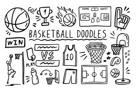 Basketball doodle elements set. basket sport ball, winner cup. Hand drawn sketch Stock Illustration