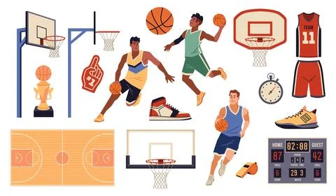 Basketball elements. Cartoon sport objects and group of players in uniforms and Stock Illustration