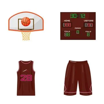 Basketball game elements with uniform, hoop, and scoreboard 库存插图