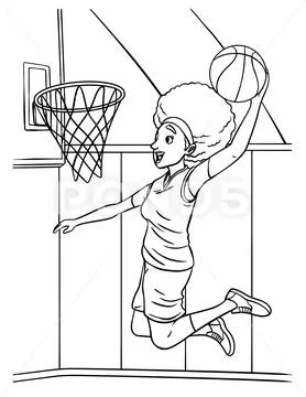 Basketball Girl Slam Dunk Coloring Page for Kids: Royalty Free #229187566