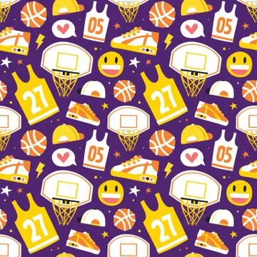Basketball hand drawn cartoon objects seamless vector pattern purple Stock Illustration