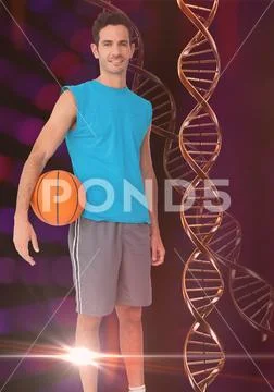 Basketball man with red dna chain, lights background Stock Photos