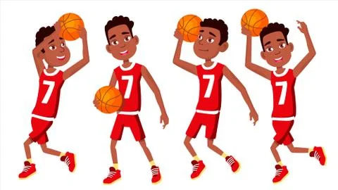 Basketball Player Child Set Vector. In Action. Athlete In Uniform With Ball Stock Illustration