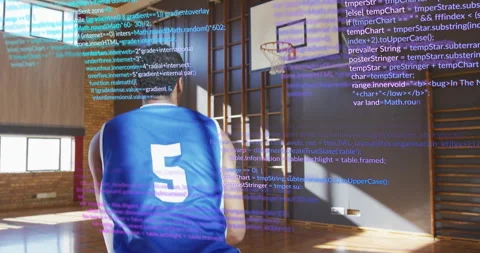 Basketball player dribbling causing code overlay while pivoting and shooting for Stock Footage 314348405