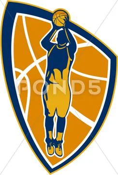 Basketball player jump shot ball shield retro Stock Illustration