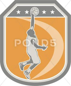 Basketball player rebounding ball shield retro Stock Illustration