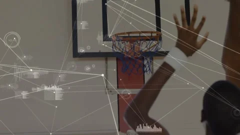 Basketball player shooting ball with data processing animation over court Stock Footage 330337290