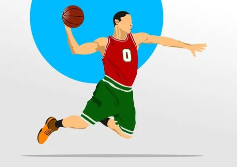 Basketball player silhouettes. Colored Vector 3d hand drawn illustration Stock Illustration