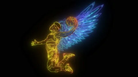 Basketball player with wing jumps to dunk digital neon video Stock Footage 139812933