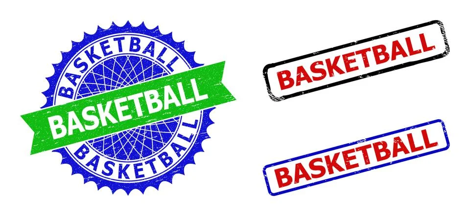 BASKETBALL Rosette and Rectangle Bicolor Badges with Corroded Styles 스톡 일러스트