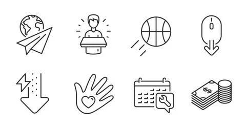 Basketball, Scroll down and Social responsibility icons set. Brand ambassador Illustrazione stock