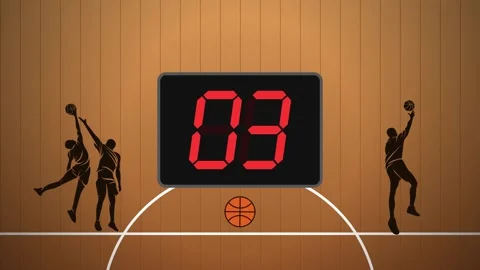 Basketball shot clock countdown from 5 to 0 on wooden court with player Vídeos de archivo 348303025