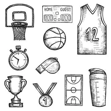 Basketball sport objects set vector sketches Stock Illustration
