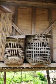 Baskets in a cabin-laos Stock Photos