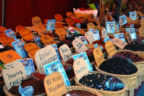 Baskets with different types of tea at a street market Stock Photos