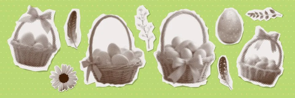 Baskets with eggs set in modern retro art collage style. Trendy clipart with cut イラスト素材