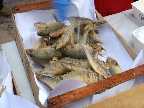 Baskets filled with fried fish  Stock Footage 91134498