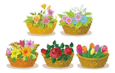 Baskets with flowers set Stock Illustration