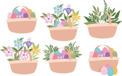 Baskets full of easter eggs, flowers and green plants Stock Illustration