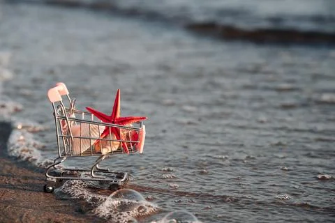 Baskets full of shells and other marine souvenirs. The concept of summer sale Stock Photos