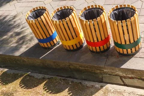 Baskets for separate waste collection in the open air Stock Photos